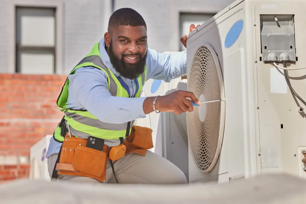High-efficiency HVAC equipment for energy savings in the Fort Worth Area - AC repair and engineering with smile and labor outdoor.