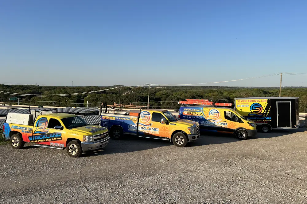 Best HVAC Contractor in the Fort Worth area - Birds eye view of the Strickland vehicle fleet.
