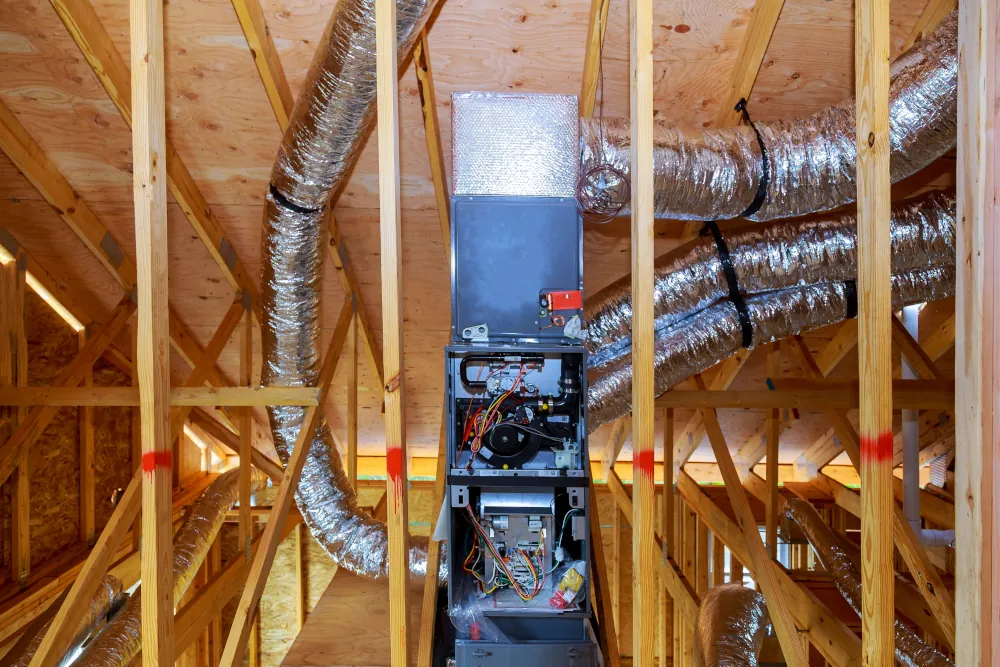 Furnace installation and replacement services in Saginaw, TX - Installation of heating system home construction with roof of the pipe system of heating close up