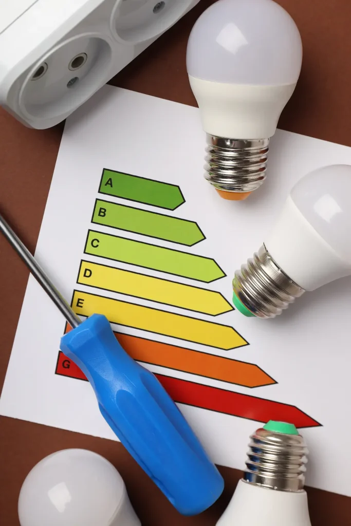 Light bulbs and screwdriver on top of a sheet of paper with graphs