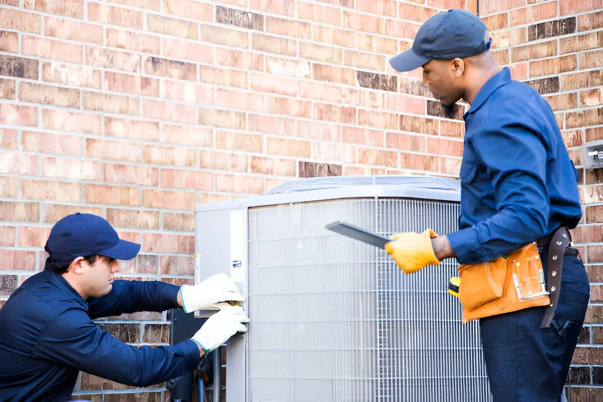 HVAC technicians repairing an outdoor air conditioning unit next to a brick wall.