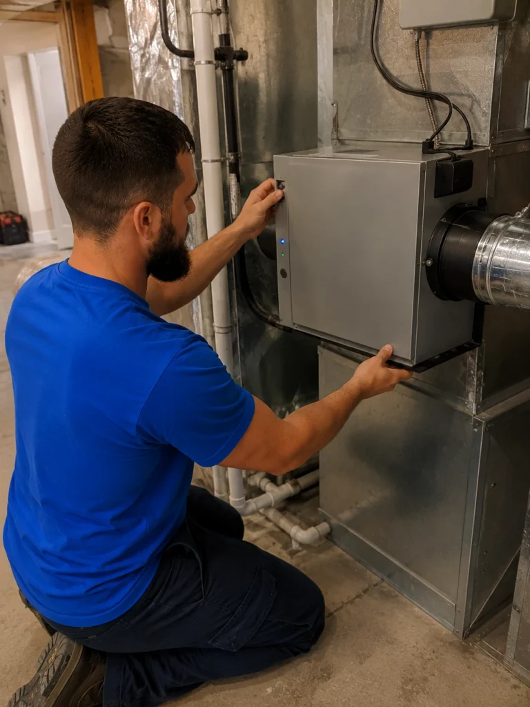 Strickland technician installing air scrubber unit