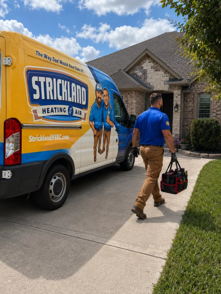 Strickland worker arriving at client house