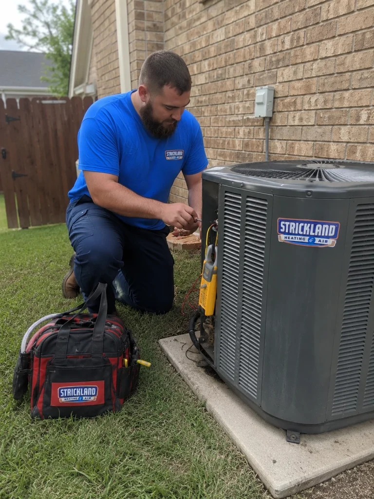 Strickland worker inspecting heat pump unit